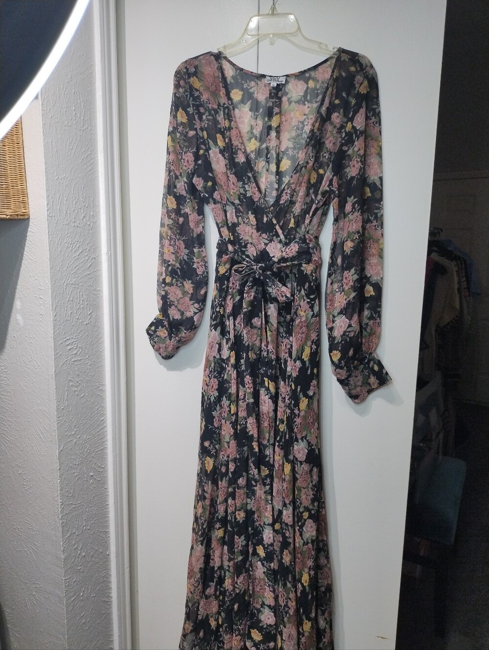 SPY Black Floral Long Sleeve Wrap Maxi Dress with Pink and Yellow Blooms